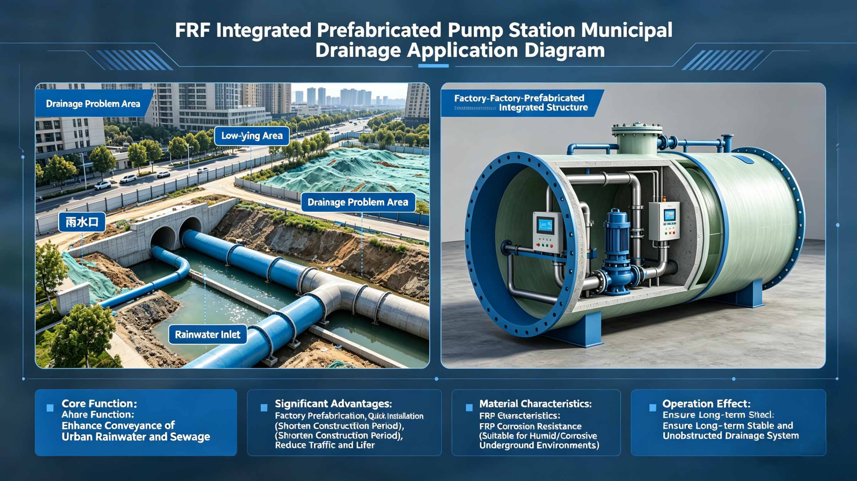 Fiberglas GFRP FRP Integrierte vorgefertigte Pumpstation für kommunales Entwässerungsfeld FT-PPS3